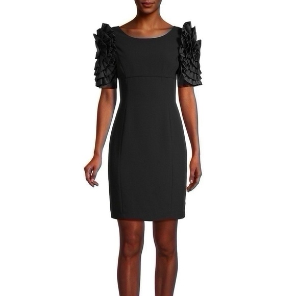 Shani Dramatic Rosette Sleeve Crepe Sheath Cocktail Dress Black - Picture 3 of 12